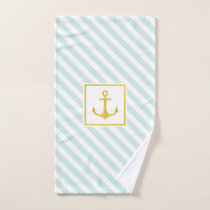 Nautical Mint Blue Stripe Faux Gold Glitter Anchor Hand Towel