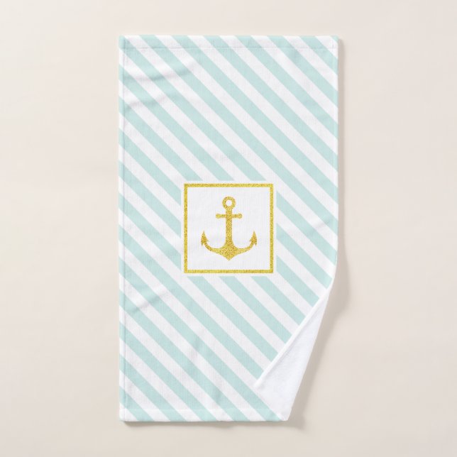 Nautical Mint Blue Stripe Faux Gold Glitter Anchor Hand Towel (Hand Towel)