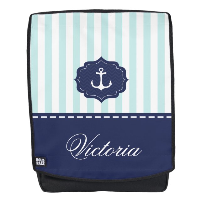 Nautical Mint Navy Blue Anchor Custom Name Backpack (Front)