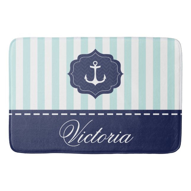 Nautical Mint Navy Blue Anchor Custom Name Bath Mat (Front)