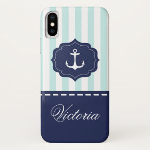 Nautical Mint Navy Blue Anchor Custom Name iPhone X Case