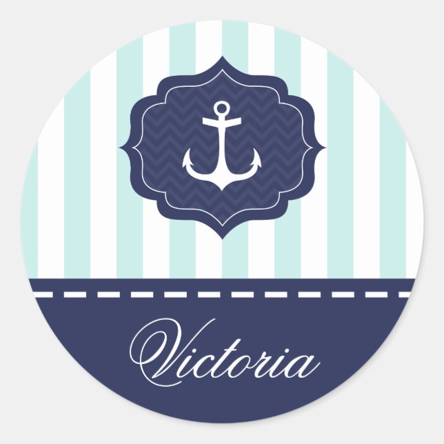 Nautical Mint Navy Blue Anchor Custom Name Classic Round Sticker (Front)