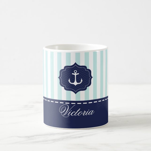 Nautical Mint Navy Blue Anchor Custom Name Coffee Mug (Center)