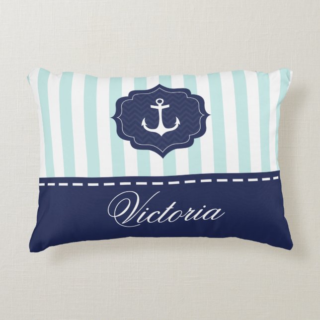 Nautical Mint Navy Blue Anchor Custom Name Decorative Cushion (Front)