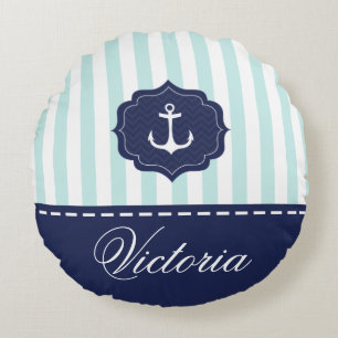 Nautical Mint Navy Blue Anchor Custom Name Round Cushion