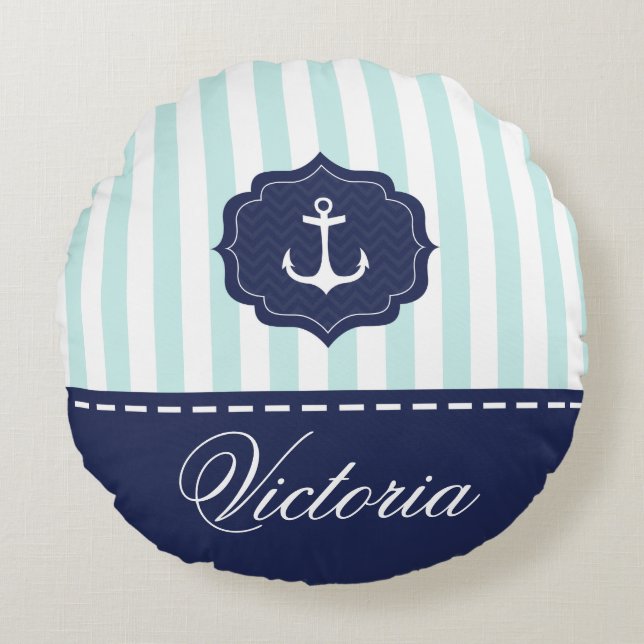 Nautical Mint Navy Blue Anchor Custom Name Round Cushion (Front)