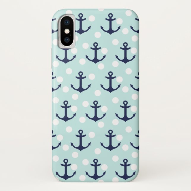 Nautical Mint Polka Dots And Navy Blue Anchors Case-Mate iPhone Case (Back)