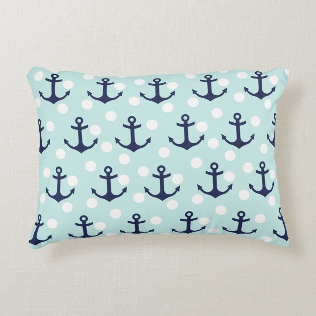 Nautical Mint Polka Dots And Navy Blue Anchors Decorative Cushion (Front)