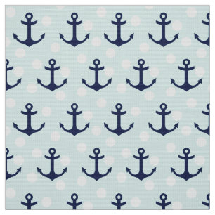 Nautical Mint Polka Dots And Navy Blue Anchors Fabric