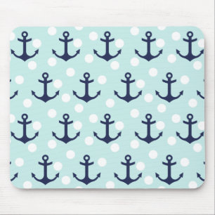 Nautical Mint Polka Dots And Navy Blue Anchors Mouse Mat