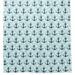 Nautical Mint Polka Dots And Navy Blue Anchors Shower Curtain