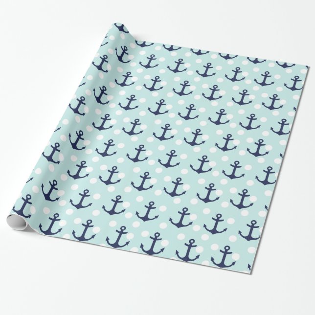 Nautical Mint Polka Dots And Navy Blue Anchors Wrapping Paper (Unrolled)