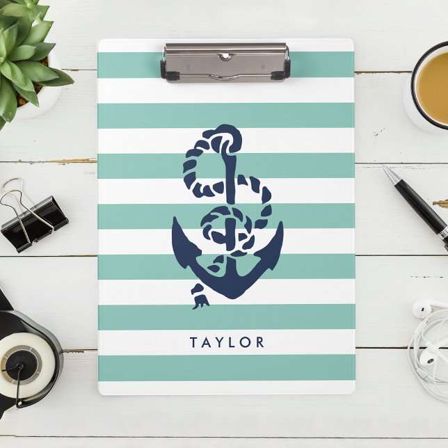 Nautical Mint Stripe & Navy Anchor Personalised Clipboard (Creator Uploaded)