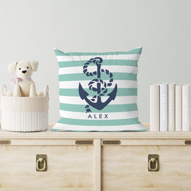 Nautical Mint Stripe & Navy Anchor Personalised Cushion (Creator Uploaded)