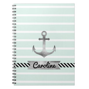 Nautical Mint Stripes Watercolor Anchor Custom Notebook