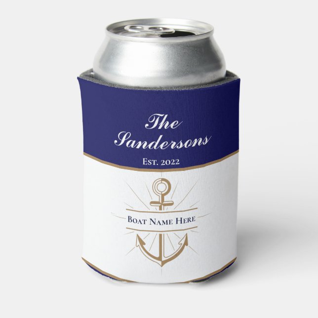 Nautical Modern Bold  Blue Anchor Boat Name Can Cooler (Can Back)