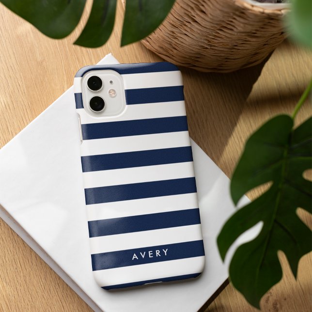Nautical Modern Navy and White Stripe Personalised Case-Mate iPhone Case (Creator Uploaded)