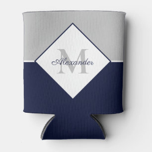 Nautical Modern Navy Blue Grey Monogram  Can Cooler