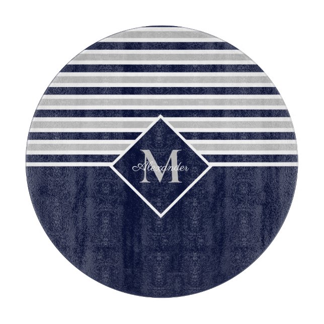Nautical Modern Navy Blue Grey Monogram Cutting Board (Front)