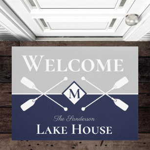 Nautical Modern Navy Blue Grey Monogram Lake House Doormat