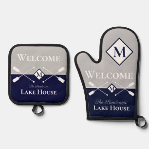 Nautical Modern Navy Blue Grey Monogram Lake House Oven Mitt & Pot Holder Set