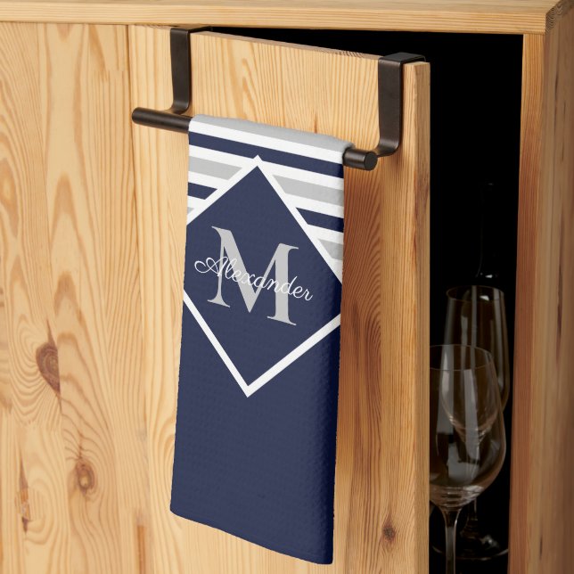 Nautical Modern Navy Blue Grey Monogram Tea Towel (Thirds Fold)