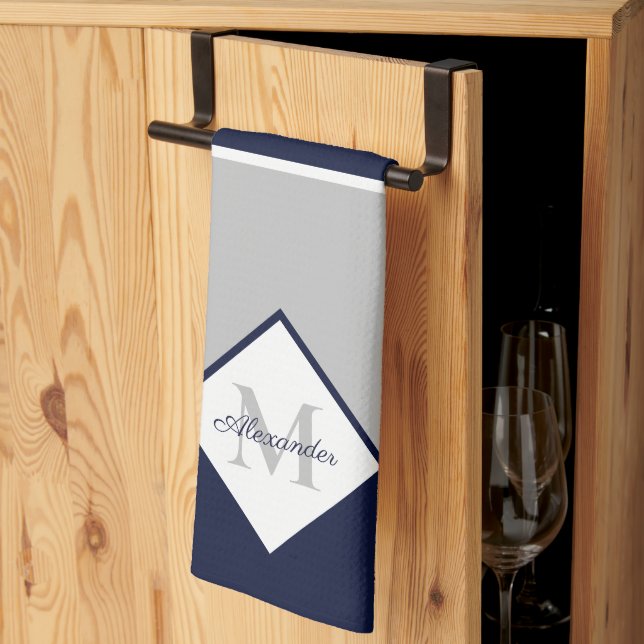 Nautical Modern Navy Blue Grey Monogram   Tea Towel (Thirds Fold)