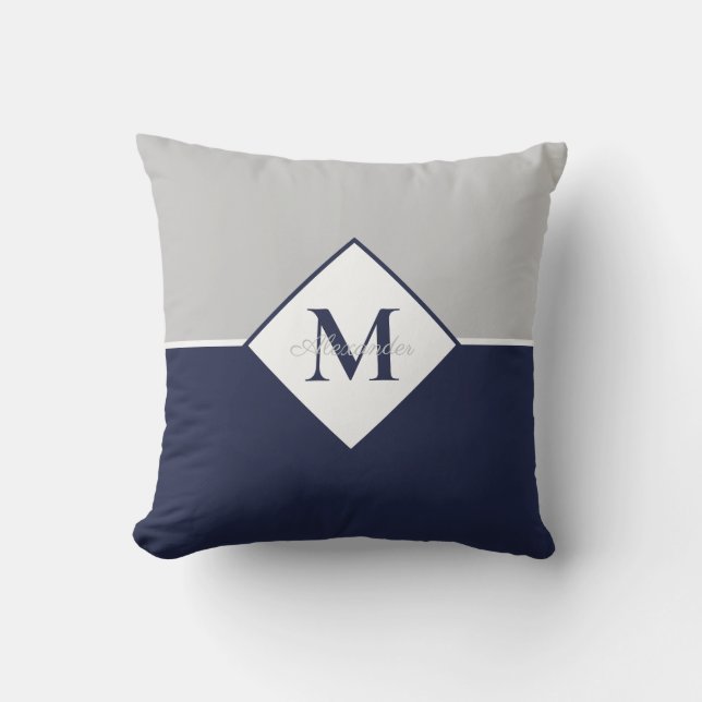 Nautical Modern Navy Blue Grey Monogram  Throw Pil Cushion (Front)