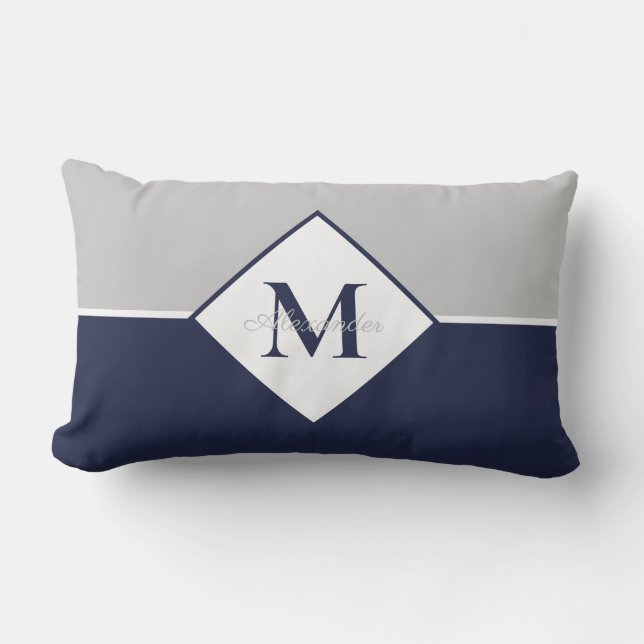 Nautical Modern Navy Blue Grey Monogram  Throw Pil Lumbar Cushion (Front)