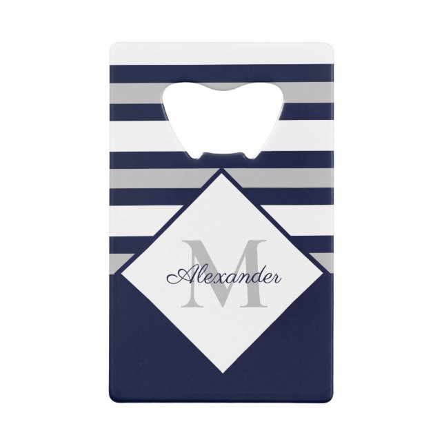 Nautical Modern Navy Blue Grey Stripes Monogram   (Front)