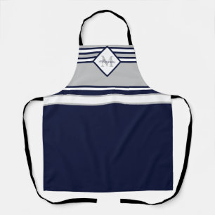 Nautical Modern Navy Blue Grey Stripes Monogram   Apron