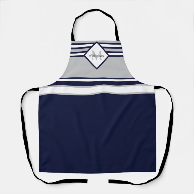 Nautical Modern Navy Blue Grey Stripes Monogram   Apron (Front)