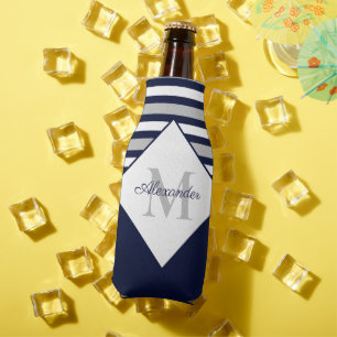 Nautical Modern Navy Blue Grey Stripes Monogram Bottle Cooler