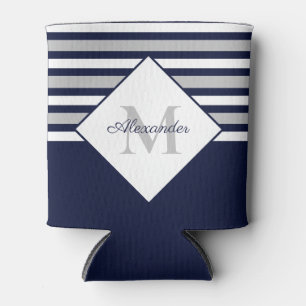 Nautical Modern Navy Blue Grey Stripes Monogram Can Cooler