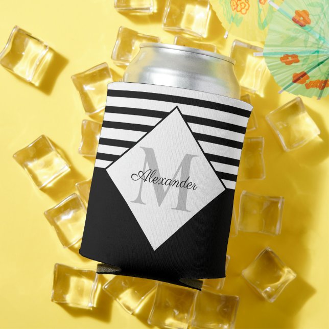 Nautical Modern Navy Blue Grey Stripes Monogram  Can Cooler (In Situ Summer)