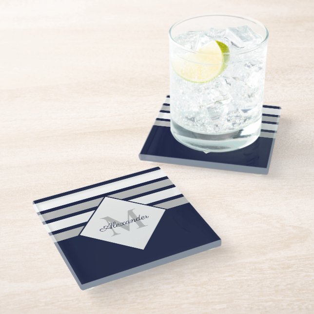 Nautical Modern Navy Blue Grey Stripes Monogram Glass Coaster (Angled)