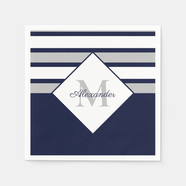 Nautical Modern Navy Blue Grey Stripes Monogram  Napkin (Front)