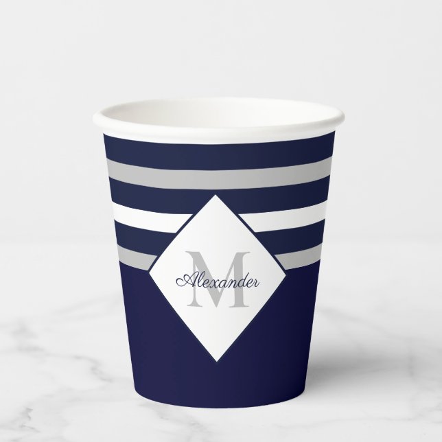 Nautical Modern Navy Blue Grey Stripes Monogram  P Paper Cups (Front)