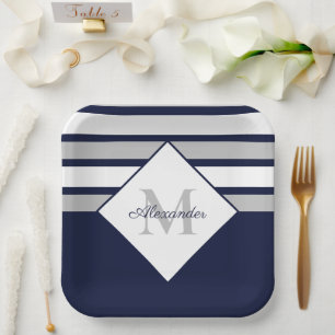 Nautical Modern Navy Blue Grey Stripes Monogram Paper Plate