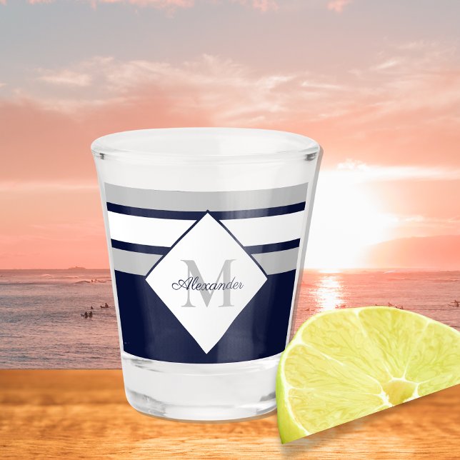 Nautical Modern Navy Blue Grey Stripes Monogram Shot Glass (Creator Uploaded)