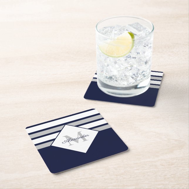 Nautical Modern Navy Blue Grey Stripes Monogram  Square Paper Coaster (Insitu)