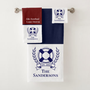 Nautical Modern Navy Blue Monogram Lake House Bath Bath Towel Set