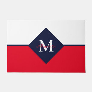 Nautical Modern Navy Blue Red Monogram Doormat