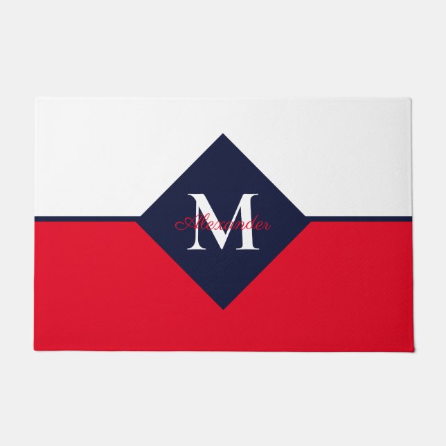 Nautical Modern Navy Blue Red Monogram  Doormat (Front)