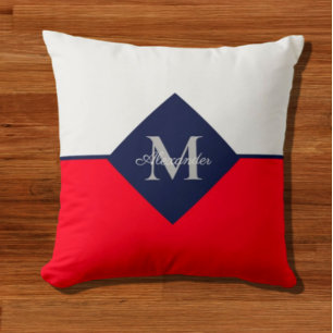 Nautical Modern Navy Blue Red Monogram Throw Pillo Cushion