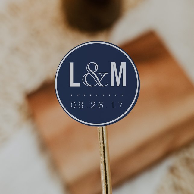 Nautical Modern Navy Wedding Monogram and Date Classic Round Sticker (Creator Uploaded)