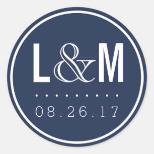 Nautical Modern Navy Wedding Monogram and Date Classic Round Sticker