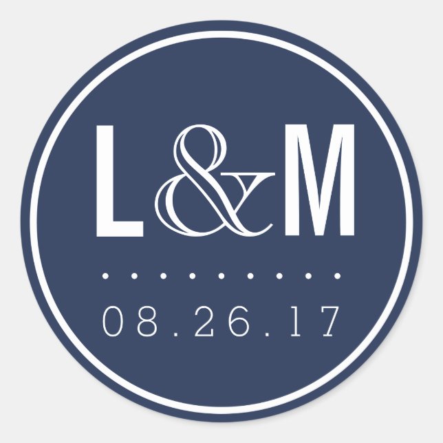 Nautical Modern Navy Wedding Monogram and Date Classic Round Sticker (Front)