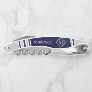 Nautical Modern Navy , White Striped Grey Monogram Corkscrew