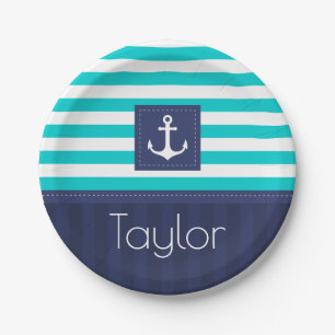 Nautical Modern Striped Anchor Design Personalised Paper Plate